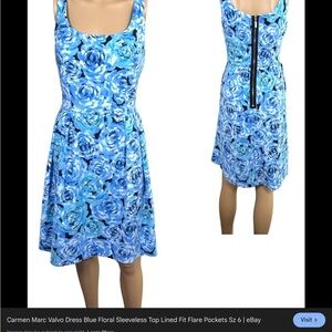 Carmen Marc Valvo Blue Floral Scoop Neck Fit-and-Flare Dress
